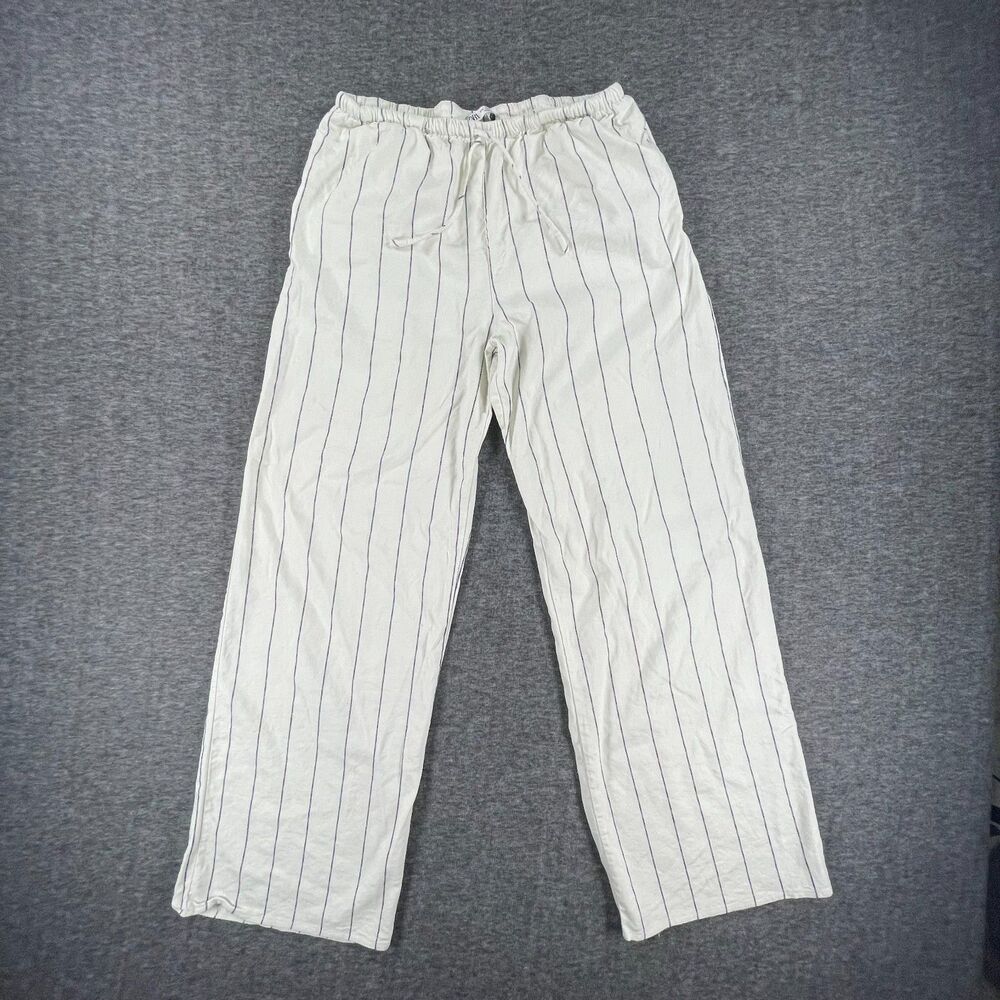 Zara Linen Blend Striped Wide Leg Pants L Pinstripe Pull On Boho Coastal Beach - Picture 3 of 14